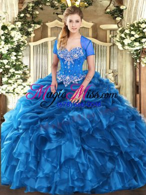 New Arrival Blue Organza Lace Up Quinceanera Dress Sleeveless Floor Length Beading and Ruffles and Pick Ups