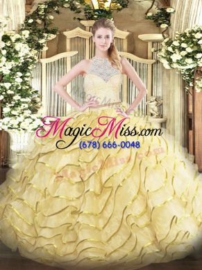 Gold Quinceanera Gown Tulle Brush Train Sleeveless Lace and Ruffles