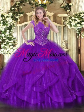 Unique Purple Ball Gowns Scoop Sleeveless Tulle Floor Length Zipper Beading and Ruffles Sweet 16 Quinceanera Dress