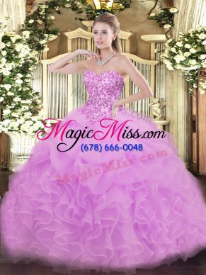 Perfect Lilac Ball Gowns Lace and Ruffles and Pick Ups 15th Birthday Dress Lace Up Organza Sleeveless Floor Length