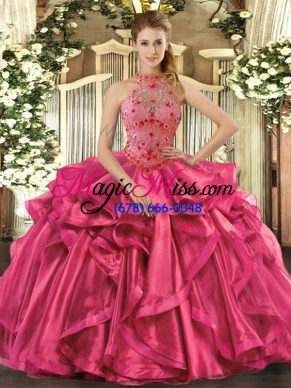 Graceful Hot Pink Halter Top Lace Up Beading and Embroidery and Ruffles Quinceanera Dresses Sleeveless