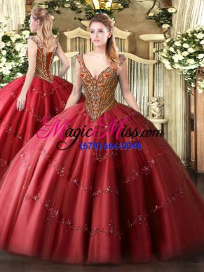 Floor Length Red 15th Birthday Dress V-neck Sleeveless Lace Up