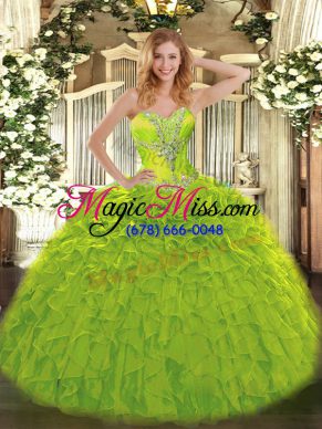 Sophisticated Sweetheart Sleeveless 15 Quinceanera Dress Floor Length Beading and Ruffles Olive Green Organza