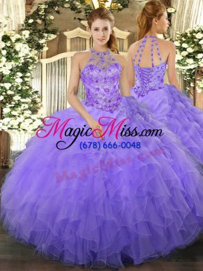 Comfortable Lavender Sweet 16 Quinceanera Dress Military Ball and Sweet 16 and Quinceanera with Beading and Ruffles Halter Top Sleeveless Lace Up