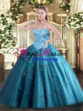 Latest Teal Lace Up Sweetheart Appliques Quinceanera Dresses Tulle Sleeveless