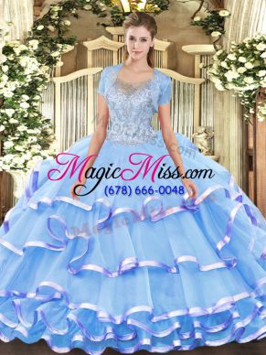 Clearance Beading and Ruffled Layers Sweet 16 Quinceanera Dress Aqua Blue Clasp Handle Sleeveless Floor Length