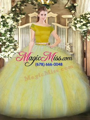 Dynamic Gold Short Sleeves Ruffles Floor Length Sweet 16 Quinceanera Dress