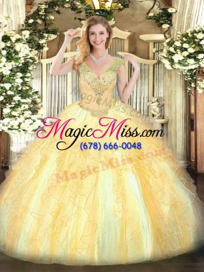 Traditional V-neck Sleeveless Lace Up Ball Gown Prom Dress Gold Organza