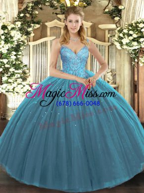 Top Selling Teal Sleeveless Floor Length Beading Lace Up 15th Birthday Dress