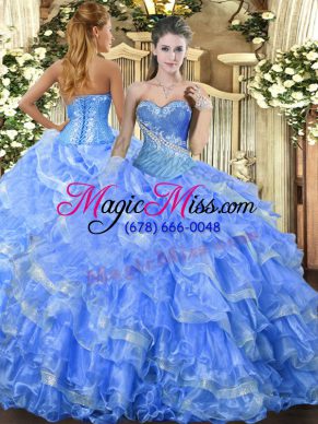 Organza Sweetheart Sleeveless Lace Up Beading and Ruffled Layers Ball Gown Prom Dress in Baby Blue