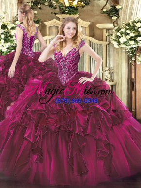 Perfect Fuchsia Organza Lace Up V-neck Sleeveless Floor Length Sweet 16 Dress Beading and Ruffles