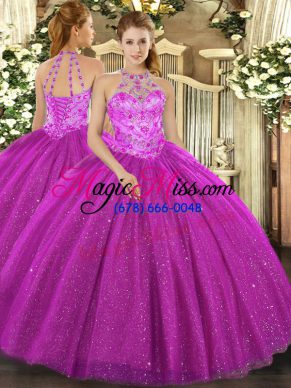 Chic Beading and Embroidery and Sequins Quinceanera Gowns Fuchsia Lace Up Sleeveless Floor Length