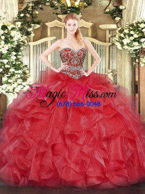 Smart Floor Length Lace Up Quince Ball Gowns Coral Red for Military Ball and Sweet 16 and Quinceanera with Beading