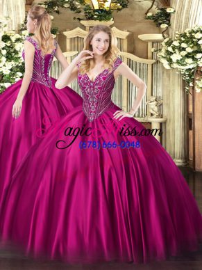 Customized V-neck Sleeveless Lace Up Vestidos de Quinceanera Fuchsia Satin