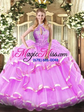 Fantastic Floor Length Lilac Ball Gown Prom Dress Halter Top Sleeveless Lace Up