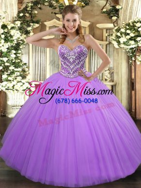 Extravagant Lavender Tulle Lace Up Sweetheart Sleeveless Floor Length Sweet 16 Dress Beading