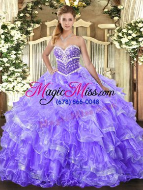 Graceful Lavender Ball Gowns Beading and Ruffled Layers Sweet 16 Dress Lace Up Organza Sleeveless Floor Length