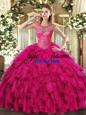 Fuchsia Lace Up Ball Gown Prom Dress Beading and Ruffles Sleeveless Floor Length