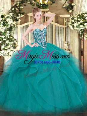 Amazing Teal Ball Gowns Sweetheart Sleeveless Tulle Floor Length Lace Up Beading and Ruffles Ball Gown Prom Dress