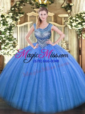 Stylish Blue Ball Gowns Beading Sweet 16 Dresses Lace Up Tulle Sleeveless Floor Length