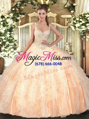 Top Selling Sleeveless Floor Length Beading and Ruffles Lace Up 15 Quinceanera Dress with Peach