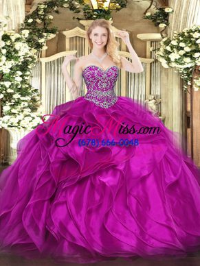 Fuchsia Lace Up Sweet 16 Dress Beading and Ruffles Sleeveless Floor Length