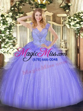 Lavender Tulle Lace Up V-neck Sleeveless Floor Length Sweet 16 Dress Beading