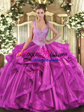 Sleeveless Organza Floor Length Lace Up Quince Ball Gowns in Fuchsia with Beading and Ruffles