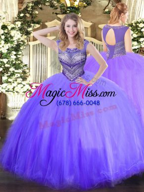 Custom Design Floor Length Lavender Sweet 16 Dresses Tulle Sleeveless Beading