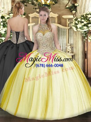 Hot Selling Yellow Sleeveless Tulle Lace Up Quinceanera Gown for Military Ball and Sweet 16 and Quinceanera