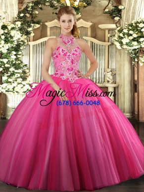 Hot Pink Sweet 16 Quinceanera Dress Military Ball and Sweet 16 and Quinceanera with Embroidery Halter Top Sleeveless Lace Up