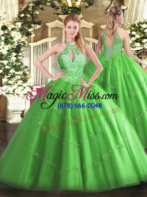 Ball Gowns Tulle Halter Top Sleeveless Beading Floor Length Lace Up Quinceanera Gown