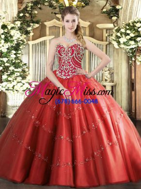 Gorgeous Red Ball Gowns Beading and Appliques 15th Birthday Dress Lace Up Tulle Sleeveless Floor Length