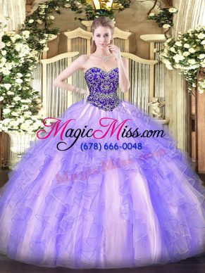 Floor Length Lavender Quinceanera Dress Tulle Sleeveless Beading and Ruffles