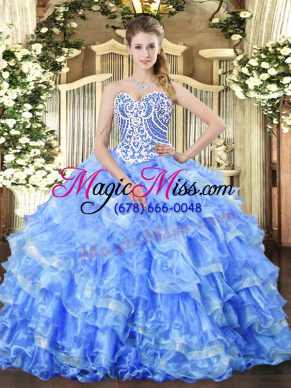 Blue Ball Gowns Sweetheart Sleeveless Organza Floor Length Lace Up Beading and Ruffled Layers Quince Ball Gowns