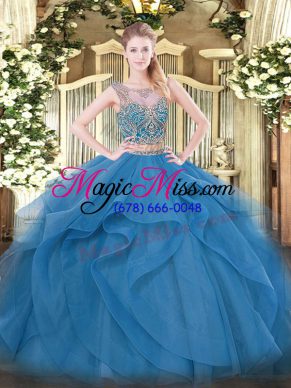 Blue Two Pieces Tulle Scoop Sleeveless Beading and Ruffles Floor Length Lace Up Quinceanera Dresses