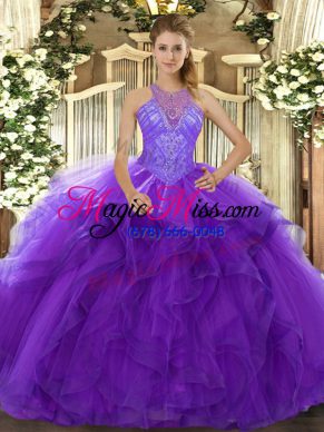 Latest Purple Organza Lace Up Ball Gown Prom Dress Sleeveless Floor Length Beading and Ruffles