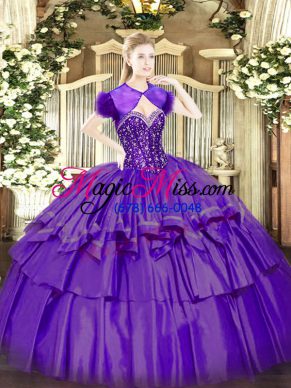 Luxurious Sweetheart Sleeveless Ball Gown Prom Dress Floor Length Beading and Ruffled Layers Purple Organza and Taffeta