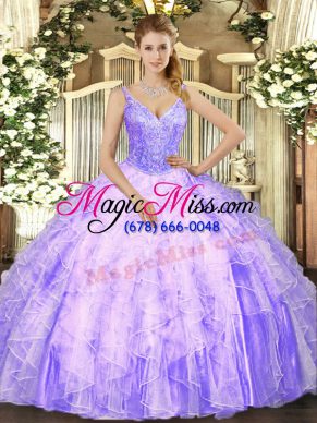 Modest Floor Length Ball Gowns Sleeveless Lavender Quinceanera Gowns Lace Up