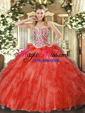 Dramatic Sweetheart Sleeveless Sweet 16 Dresses Floor Length Beading and Ruffles Coral Red Tulle