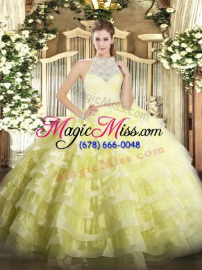 Extravagant Yellow Two Pieces Lace and Ruffled Layers Quinceanera Dress Zipper Tulle Sleeveless Floor Length