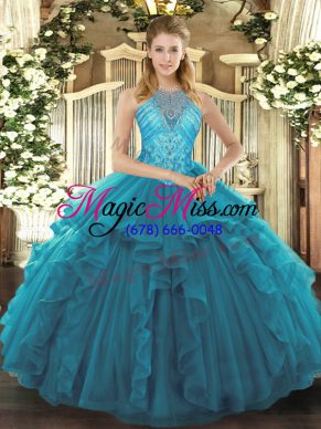 Fashion Organza High-neck Sleeveless Lace Up Beading and Ruffles Vestidos de Quinceanera in Teal