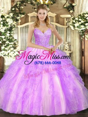 Sweet Tulle V-neck Sleeveless Lace Up Beading and Ruffles Quinceanera Dresses in Lilac