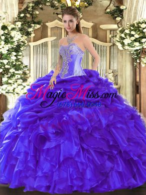 Sweetheart Sleeveless Quinceanera Dress Floor Length Beading and Ruffles Blue Organza