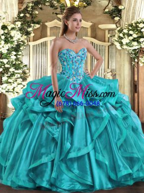 Admirable Floor Length Lace Up 15th Birthday Dress Teal for Military Ball and Sweet 16 and Quinceanera with Embroidery and Ruffles