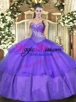 Hot Selling Lavender Sweetheart Lace Up Beading and Ruffled Layers Ball Gown Prom Dress Sleeveless