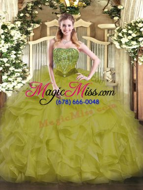 Perfect Floor Length Lace Up Sweet 16 Dresses Olive Green for Military Ball and Sweet 16 and Quinceanera with Beading and Ruffles