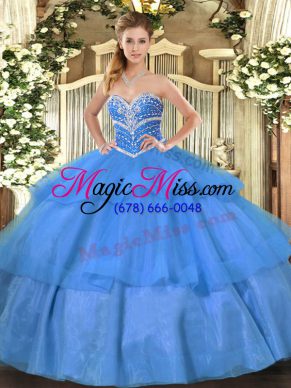 Blue Sleeveless Tulle Lace Up Sweet 16 Dresses for Military Ball and Sweet 16 and Quinceanera