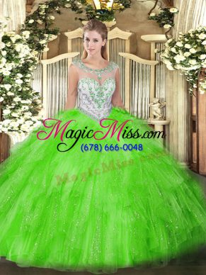 Romantic Sleeveless Tulle Floor Length Zipper 15th Birthday Dress in with Beading and Ruffles