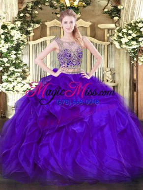 Purple Two Pieces Beading and Ruffles Quinceanera Gowns Lace Up Organza Sleeveless Floor Length